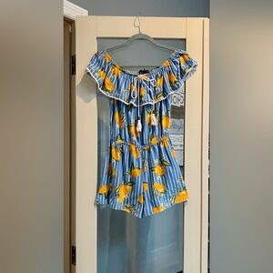 🍋Blue Off-the-Shoulder Lemon Romper